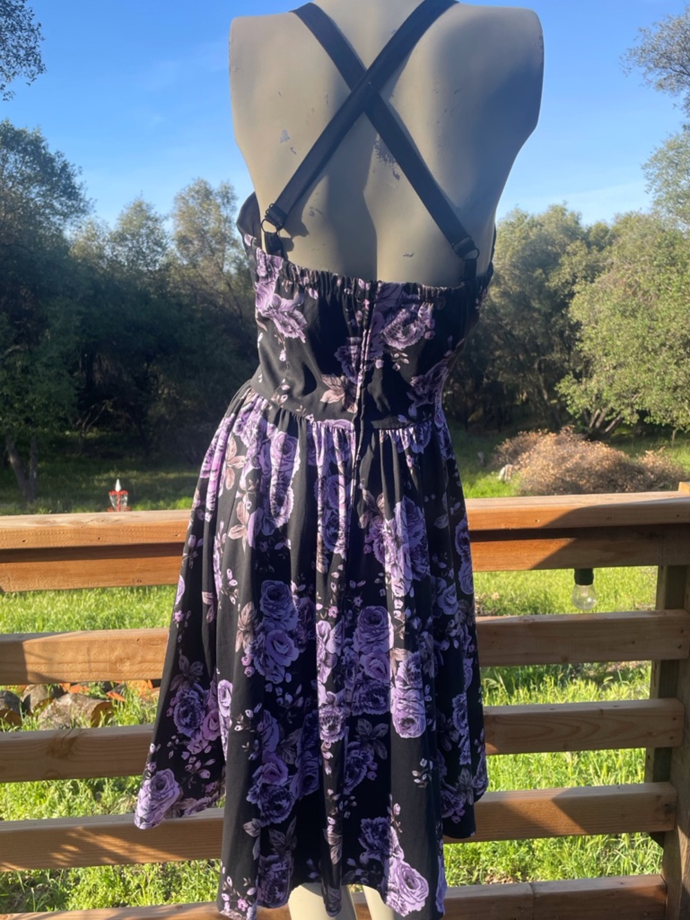 Pinup Couture Black Midi Swing Dress with Purple Rose Print - Picture 5 of 12
